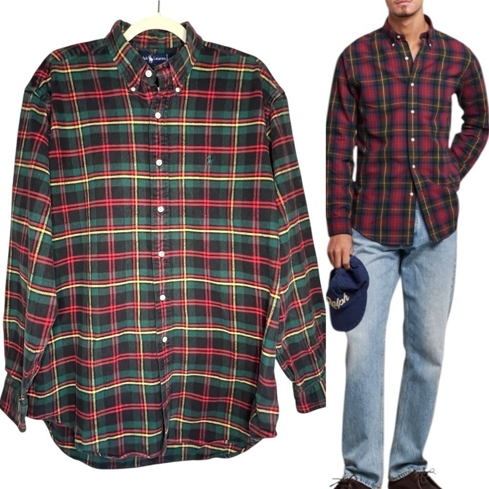 Ralph Lauren 100% Cotton Heavy Weight Flannel Button Down Plaid Size Large